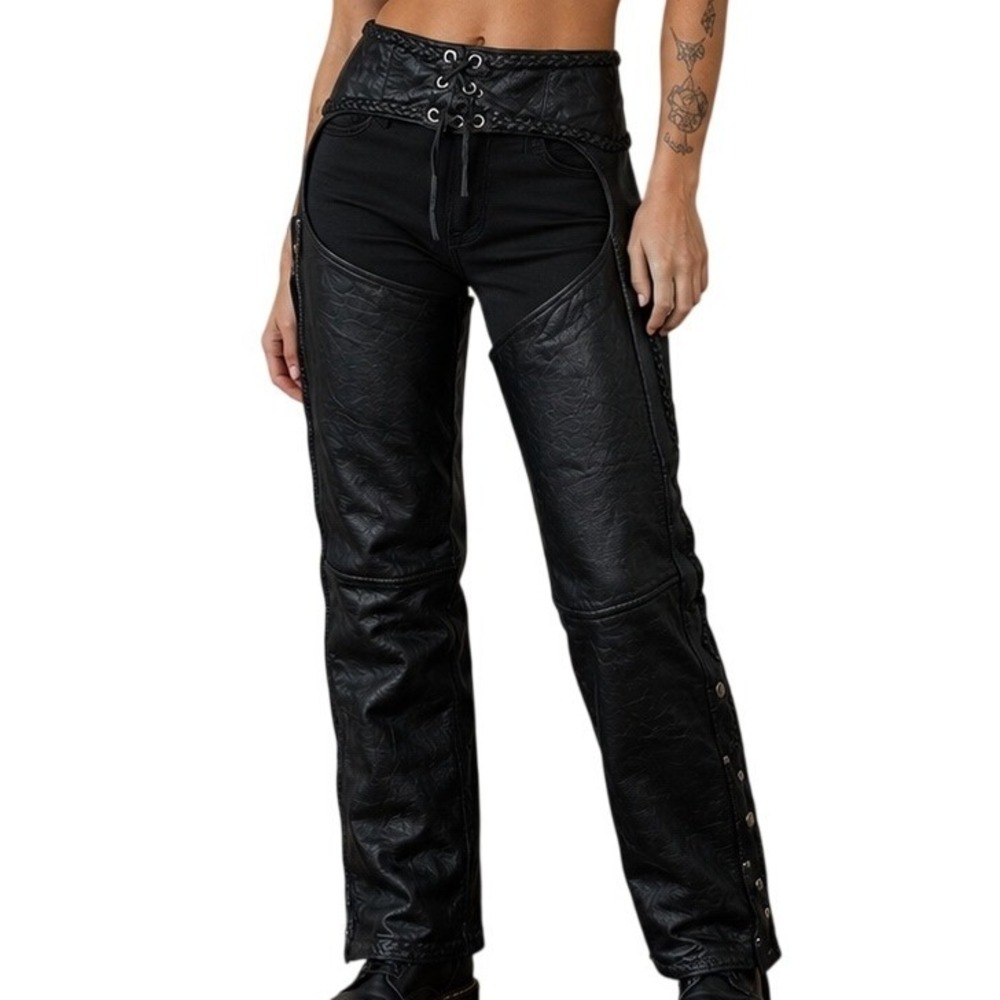 Hot Leathers‎ Black Leather Motorcycle Chaps Braid Detail Women 3XS Small